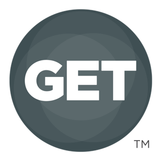 GET Logo - a grey circle with the word GET in white in the center